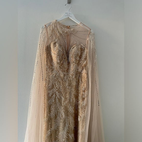 LARA Long Cape Beaded Gown in Champagne/Ivory 6 - Picture 5 of 11